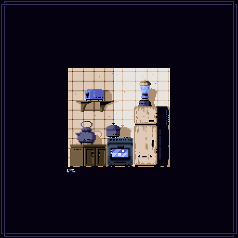 Bunch of household items chillin' together, to the right there is an old fridge on top of it a blender, in the middle an oven with a stove on top of it there is a pot with a lid, left of the oven there is a cabinet and a kettle on top on it, above the kettle there is a shelf with a toaster resting on it. They all have faces kind of...