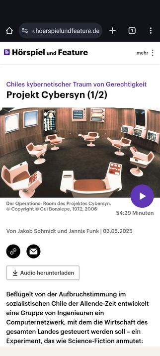 Bildschirmfoto der Deutschlandfunk Seite zum Feature Projekt Cybersyn  Chiles kybernetischer Traum von Gerechtigkeit (1/2)