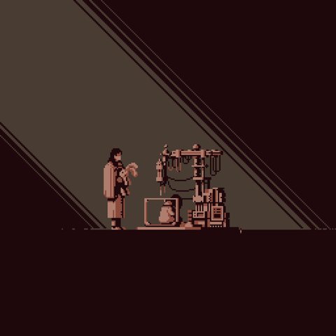 A large 3D printer looking machine has what appears to be a child sitting idle in the printing chamber, to the left of the machine a woman standing by holding a toy rabbit in her arms.
