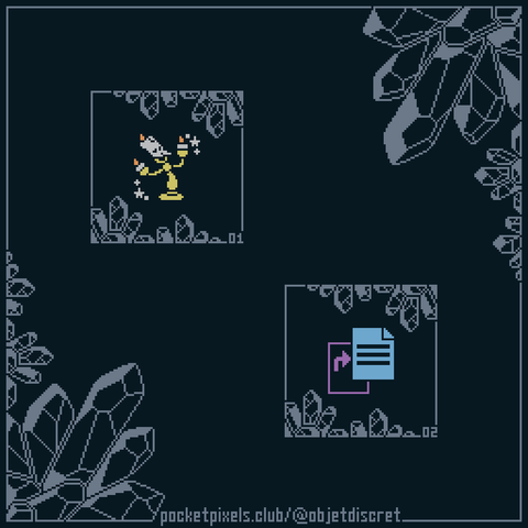 a pixel art illustration of Lumiere from Disney's Beauty and the Best, as well as a computer file copying symbol.