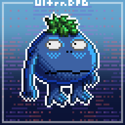 Pixel art of Nu, an enemy from the game Chrono Trigger. It has a round head with arms, legs, and has green hair.