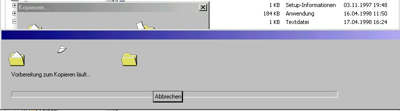 Broken Windows 98 copy dialog. The progress bar exceeds faaaaaar to the right, making the window super large.