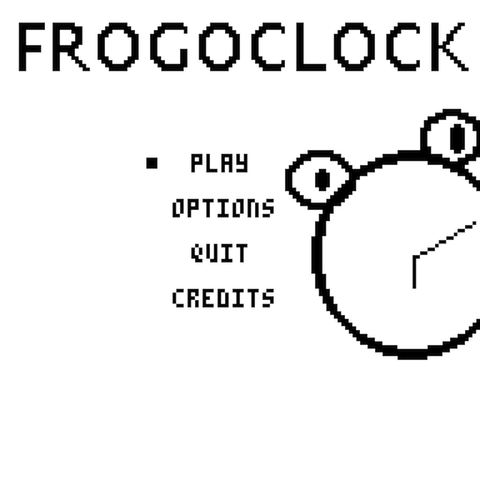 A 1-bit, black and white screen that shows “FROGOCLOCK” title with a main menu options for “play”, “options”, “quit”, and “credits.” A large frog face with clock hands sits on the center right of the screen.