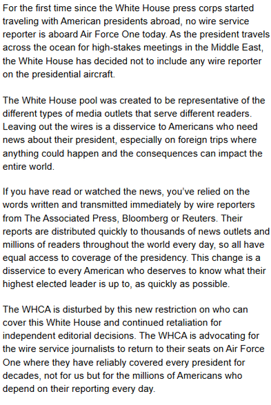 Text discussing the White House press corps' decision to exclude wire service reporters from Air Force One during international travel, emphasizing the importance of diverse media coverage for the public. The White House Correspondents' Association expresses concern over this restriction and advocates for wire reporters…