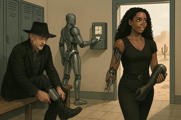 A locker room where robots are calmly preparing for a day at work, getting dressed to look like humans.