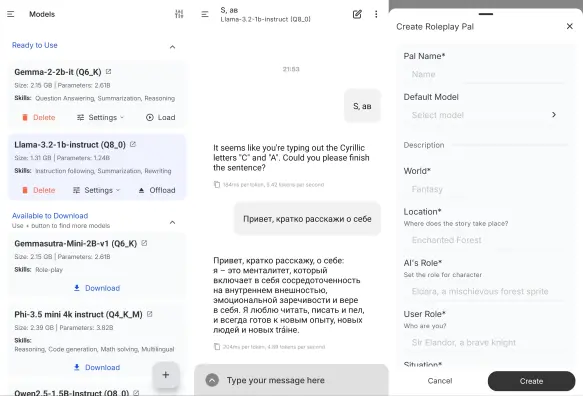 PocketPal: скачивание модели, чат и создание персонажа для отыгрывания роли.