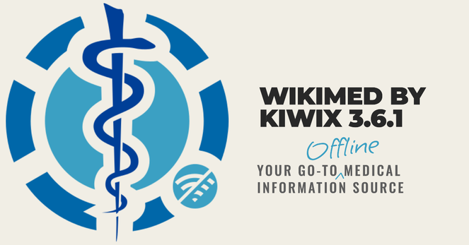 A banner for WikiMed by Kiwix release v3.6.1. On left is the offline WikiMed logo, and the right is the name and release version followed by "Your go-to offline medical information source".