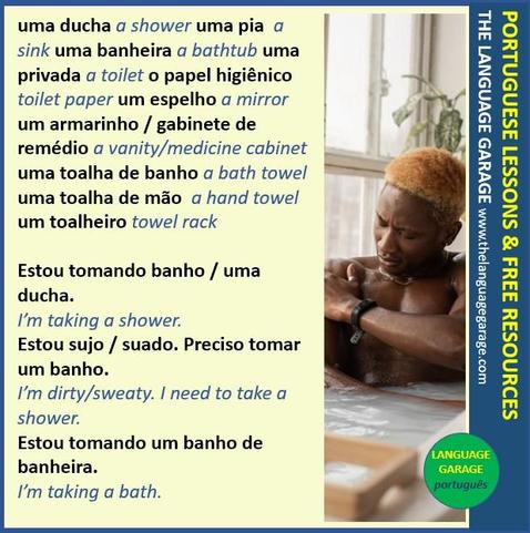 Portuguese vocabulary related to the bathroom, image of a man taking a bath