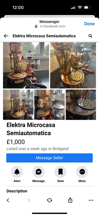 Screenshot of a Facebook Marketplace listing for an Elektra Microcasa Semiautomatica vintage espresso machine