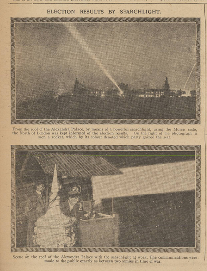 'Election results by searchlight'. Photograph on London's skyline with a searchlight beam, and a photo of the searchlight operators on the roof of the Alexandra palace.