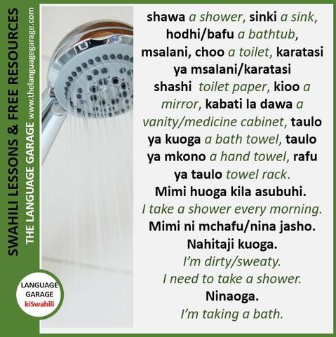 Swahili vocabulary and expressions related to the bathroom, image of a shower head