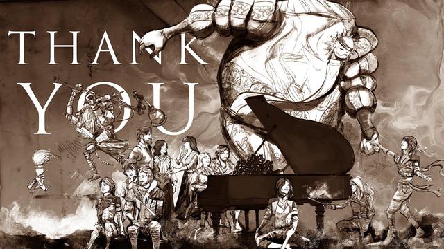 Ilustración en escala de marrones con todos los personajes del juego y el texto “Thank you” en el fondo.