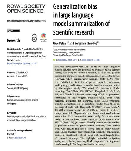 The image is a research article titled "Generalization bias in large language model summarization of scientific research" by Uwe Peters and Benjamin Chin-Yee. It includes the authors' affiliations, publication details, and a summary discussing the potential and limitations of…