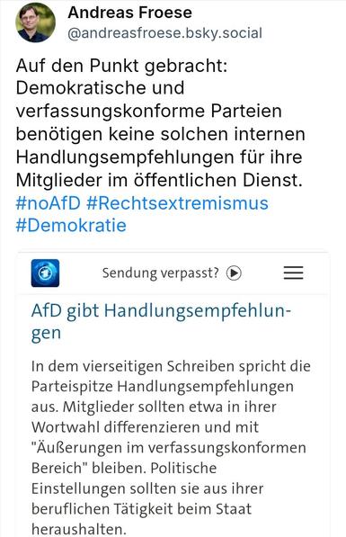 Screenshot einer Tagesschau-Meldung: AfD gibt ihren Mitgliedern im öffentlichen Dienst Handungsempfehlungen, mit "Äußerungen im verfassungskonformen Bereich" zu bleiben.