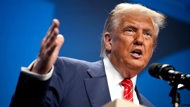 President Donald Trump speaks to the press following the NATO summit on June 25, 2025 in The Hague, Netherlands. (Photo by Andrew Harnik/Getty Images)