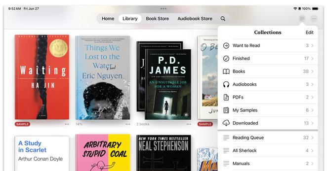 An image of the Apple Books library screen with a menu for sorting the titles.