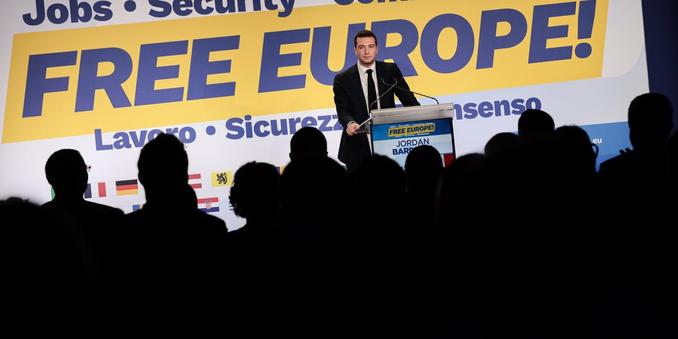 From left to right, far-right leaders from the Identity and Democracy European parliamentary group: Tomio Okamura from the Czech Republic, Harald Vilimsky from Austria, Matteo Salvini from Italy, Tino Chrupalla from Germany, and Kostadin Kostadinov from Bulgaria, at the close of a convention in Florence, on 3 December 2023. | ANDREAS SOLARO/AFP