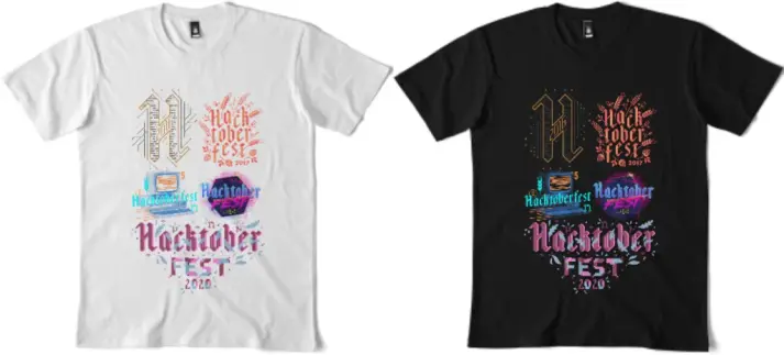 Two t-shirts with the various Hacktoberfest logos stacked on them.