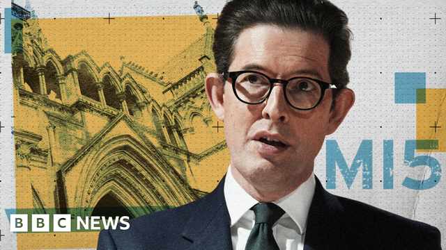 Composite graphic with in the foreground a photo of MI5 director general Sir Ken McCallum, a white man with dark, swept-back hair and round dark-rimmed glasses, wearing a dark suit and tie. Behind him is an image of the Royal Courts of Justice, rendered in blue on a yellow background and the MI5 logo in blue