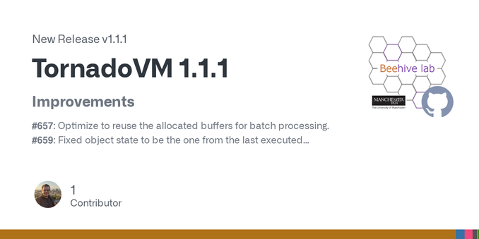 Improvements
#657: Optimize to reuse the allocated buffers for batch processing.
#659: Fixed object state to be the one from the last executed TaskGraph.
#660: New PERSIST bytecode to improve objec...