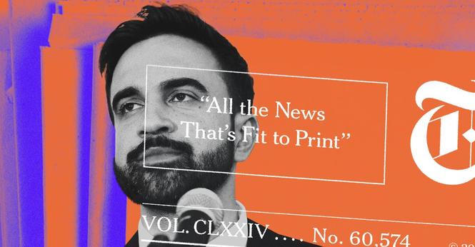 A photo illustration of Mamdani, with the Times’ “All The News That’s Fit to Print” motto superimposed
