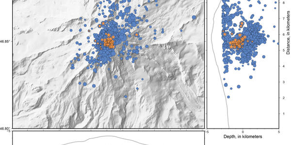 shaded relief map with July 8, 2025, earthquakes in orange beneath summit of Rainier