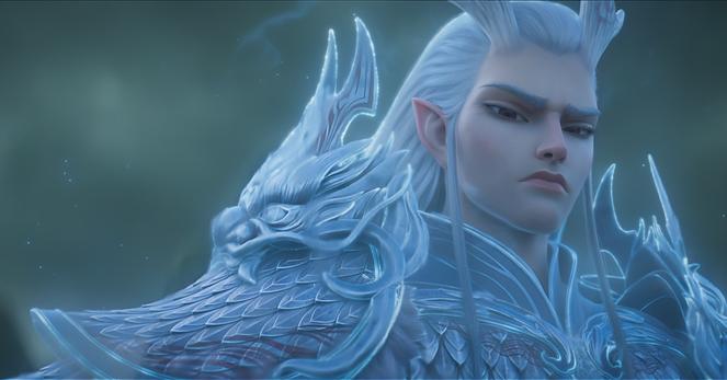 A pale, imperious, silver-haired warrior in dragon-themed, silver scaled armor glowers down at the camera in Ne Zha 2