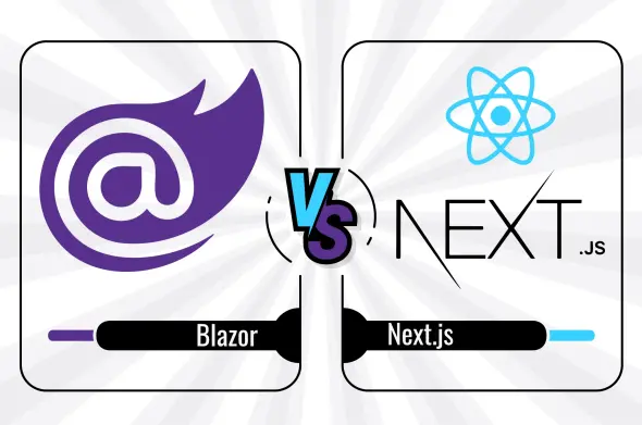 Blazor vs Next.js graphic with logos and progress bars, separated by a "VS" symbol. Blazor vs Next.js graphic with logos and progress bars, separated by a "VS" symbol.