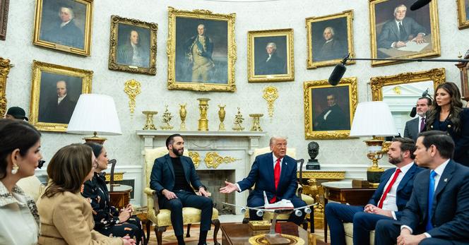 President Donald Trump and President Nayib Bukele of El Salvador holding a bilateral meeting in the Oval Office in April.