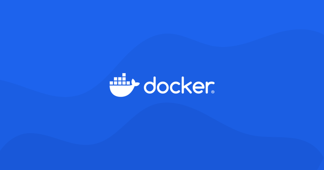 The Docker logo on a blue wave patterned background.