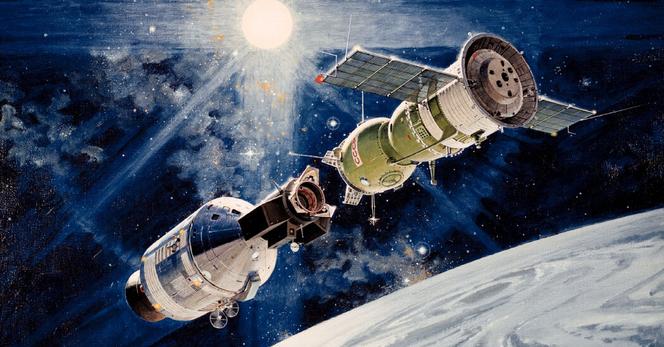A 1973 artist’s concept of the Apollo-Soyuz Test Project, with the Apollo spacecraft at left and the Soyuz spacecraft at right.
