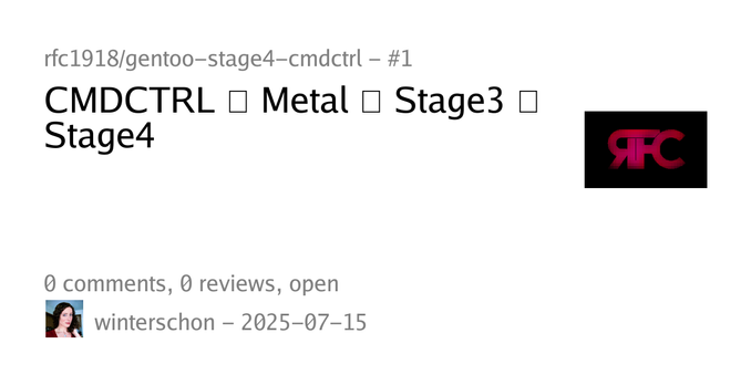 Summary card of an issue titled "CMDCTRL ➲ Metal ➲ Stage3 ➲ Stage4" in repository rfc1918/gentoo-stage4-cmdctrl