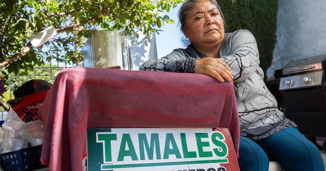 PACOIMA, CA - JULY 09: Matilde, 54, was temporarily detained by federal immigration agents during a sweep in Pacoima on June 19 as she was selling food on the sidewalk. She experienced a minor heart attack during the event and was hospitalized for five days. Photographed on Wednesday, July 9, 2025. (Myung J. Chun / Los Angeles Times)