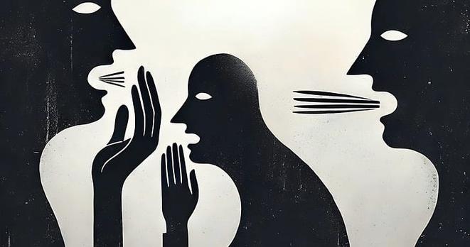 illustration of three silhouettes with hands to faces, apparently gossiping