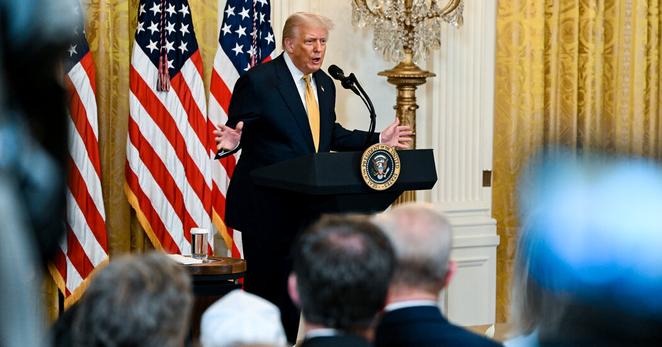 President Trump at the White House on Tuesday. On Wednesday, he issued an executive order on what he called “woke A.I.”