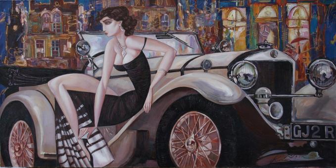Stylized painting of a woman leaning against an convertible