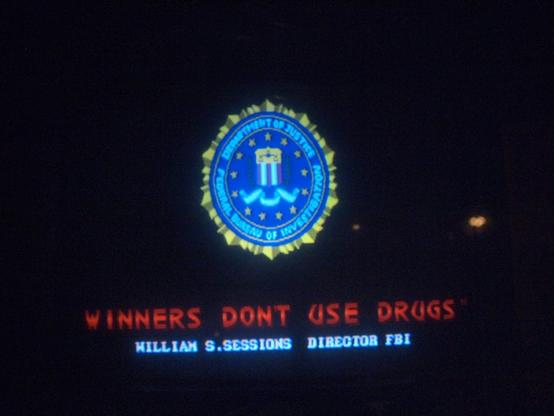 Arcade machine saying "Winners Don't Use Drugs" signed by some FBI dude. Photo CC BY-NC Megan Rosenbloom.