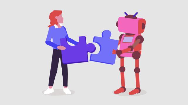 An illustration of a woman and a robot putting together two giant puzzle pieces.