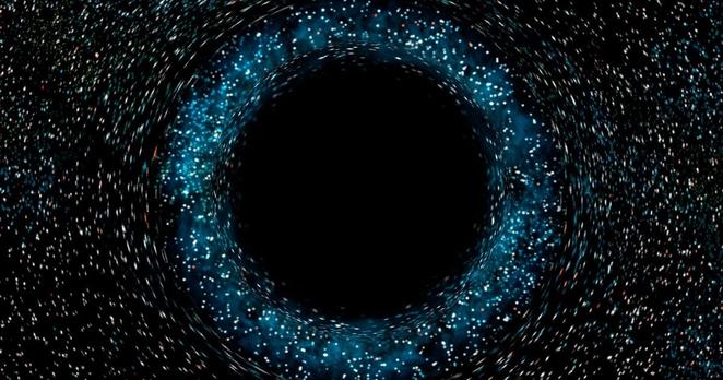 Künstlerische Darstellung eines stellaren Schwarzen Lochs: Ein völlig schwarzes Loch befindet sich vor einem Hintergrund aus Sternen im Weltraum. Das Licht der Sterne ist in der scheinbaren Nähe des Schwarzen Lochs verschmiert und in andere Wellenlängen verschoben.