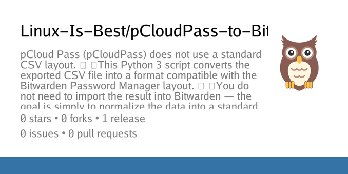 Summary card of repository Linux-Is-Best/pCloudPass-to-Bitwarden