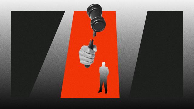 An illustration of a large hand holding a gavel above the silhouette of a man. The handle of the gavel is broken and the top is separated.