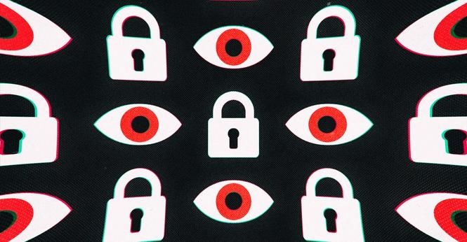 An illustration of repeating eyes and padlocks on a black background