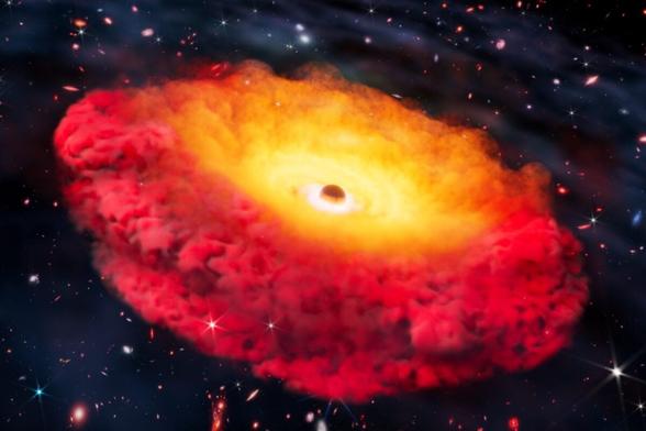 Artist representation of CAPERS-LRD-z9, home to the earliest confirmed black hole. Credit: Erik Zumalt, The University of Texas at Austin.