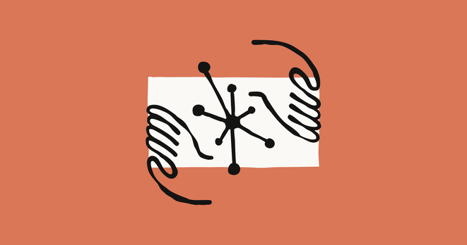 Hand reaching toward abstract node window with expanding geometric elements