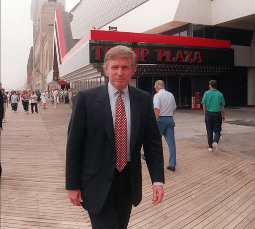 Trump standing infront of Trump Plaza in Atlantic City