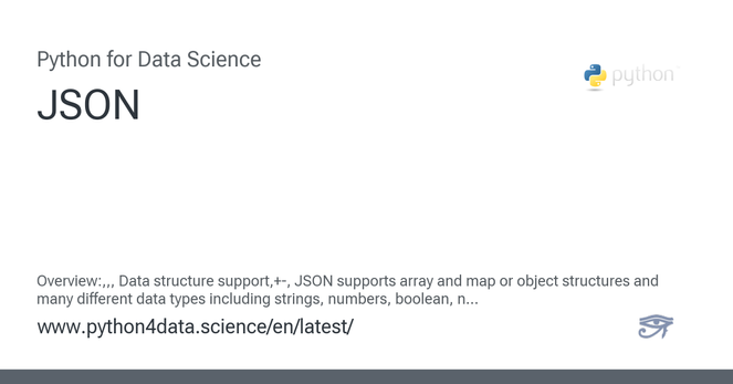 Overview:,,, Data structure support,+-, JSON supports array and map or object structures and many different data types including strings, numbers, boolean, null etc., but no date formats. However, ...