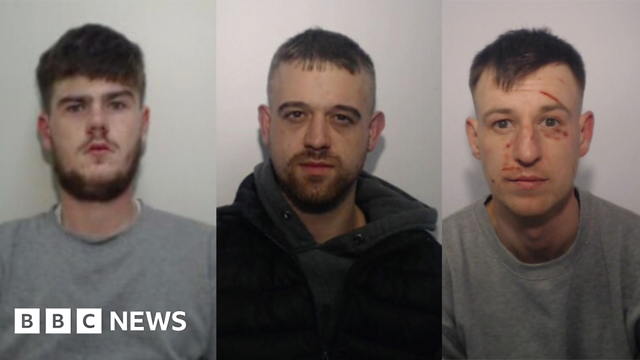 A composite image of the mugshots of Corey Barret, Richard Haslam and Jack Poulson.