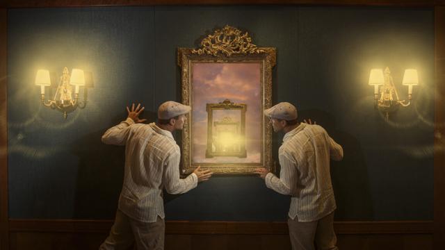 Two identical men peering into an infinite cascade of mirrors. Two identical men peering into an infinite cascade of mirrors.