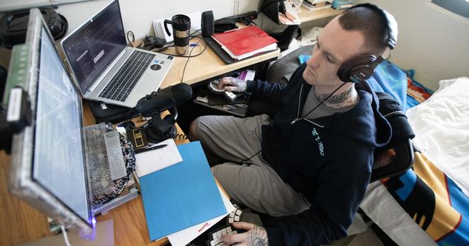 Maine prison inmate Preston Thorpe talks with his team during a group work session from his cell at the Mountain View Correctional Facility in Charleston, Maine, on Aug. 18, 2025.