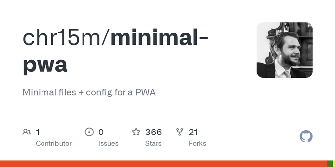 Minimal files + config for a PWA. Contribute to chr15m/minimal-pwa development by creating an account on GitHub.